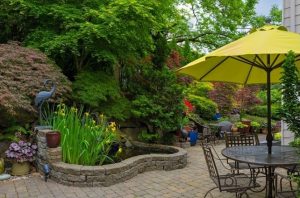 Home backyard hardscape and lush plants landscaping with garden
